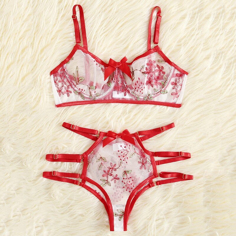 

Floral Embroidery Underwire Cut-out Lingerie Set, Red and white