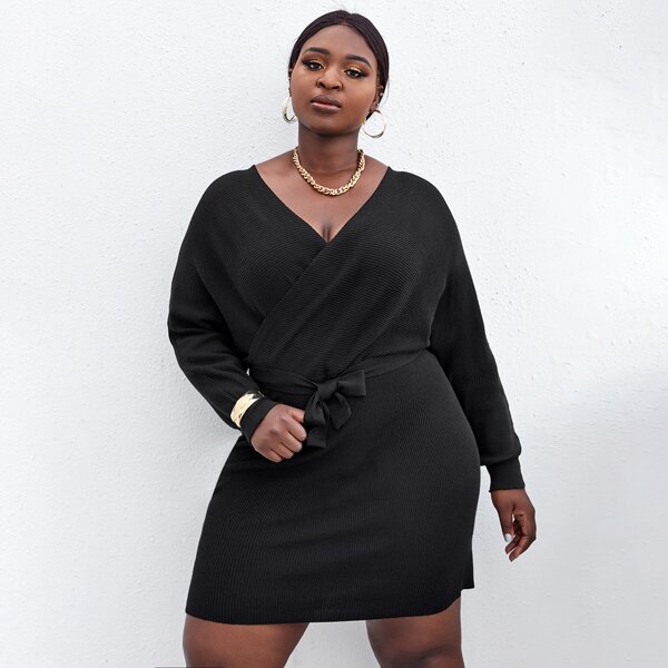 

Plus Surplice Neck Self Belted Sweater Dress, Black