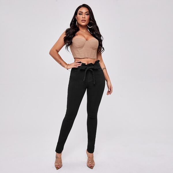 

Paperbag Waist Belted Skinny Jeans, Black