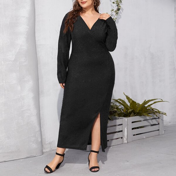 

Plus Glitter Surplice Front Side Split Fitted Dress, Black