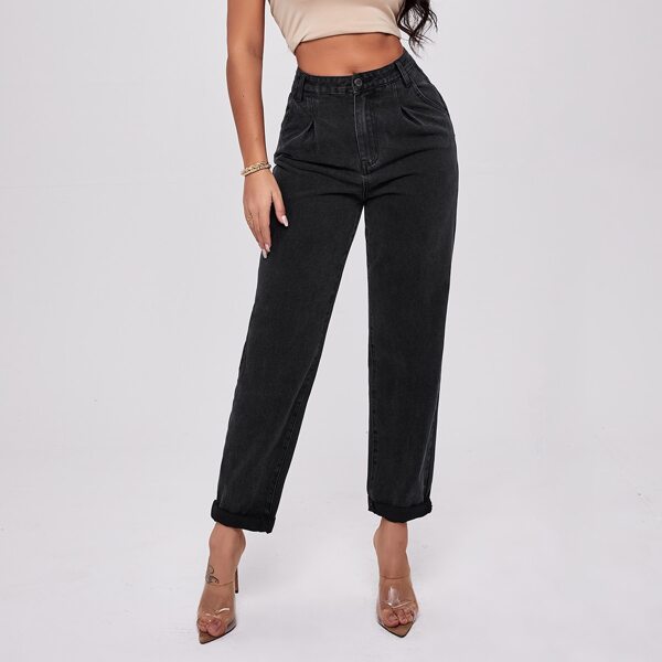 

Fold Pleated Rolled Hem Mom Jeans, Black