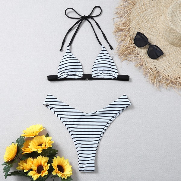 

Striped Micro Triangle Halter Bikini Swimsuit, Black and white