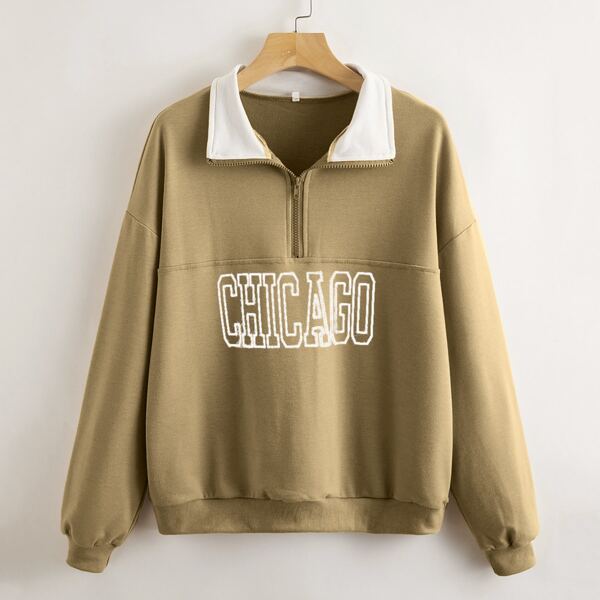 

Letter Graphic Half Zip Contrast Collar Sweatshirt, Khaki