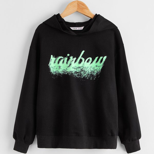 

Girls Letter Graphic Drop Shoulder Hoodie, Black