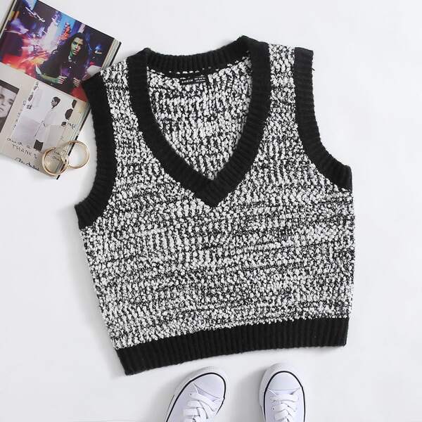 

Трикотажный жилет с v-образным воротником, Черный и белый