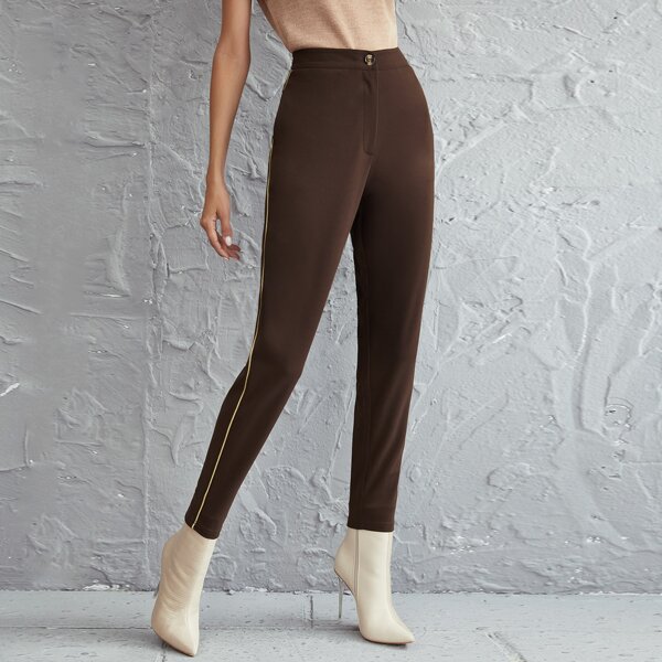 

Contrast Piping Skinny Pants, Chocolate brown