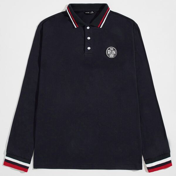 

Men Patched Detail Striped Trim Polo Shirt, Navy blue