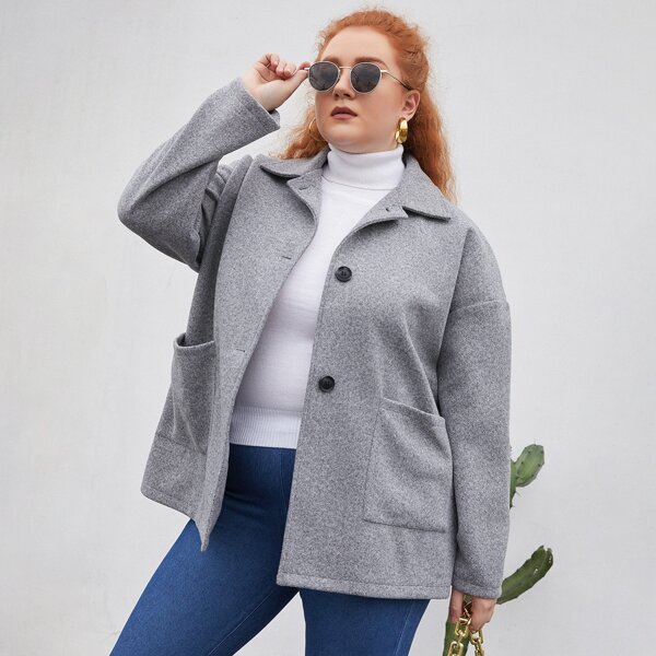 

Plus Drop Shoulder Pocket Front Overcoat, Light grey