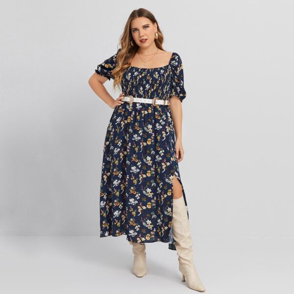 

Plus Puff Sleeve Shirred Detail Ditsy Floral Dress Without Belt, Multicolor