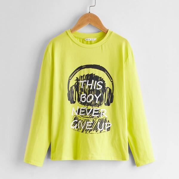 

Boys Slogan & Figure Print Tee, Bright lime green