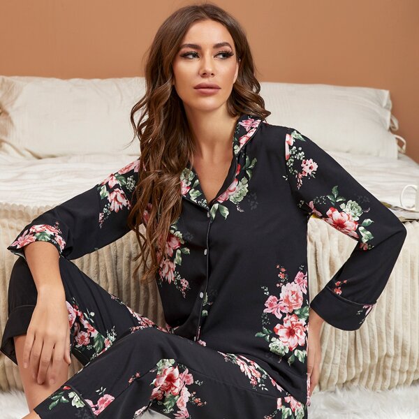 

Floral Print PJ Set, Black
