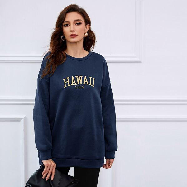 

Drop Shoulder Letter Graphic Oversized Pullover, Navy blue