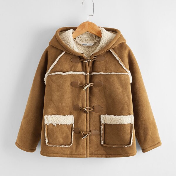 

Boys Pocket Front Horn Buckle Teddy Lined Suede Coat, Camel