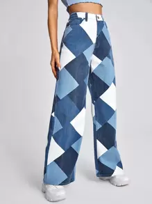Jeanoix High Waist Argyle Print Wide Leg Jeans