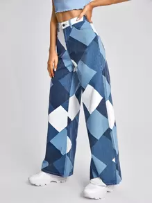 Jeanoix High Waist Argyle Print Wide Leg Jeans