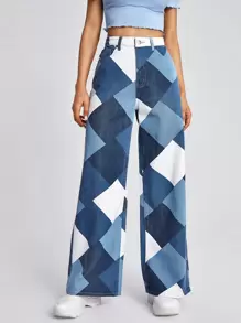 Jeanoix High Waist Argyle Print Wide Leg Jeans