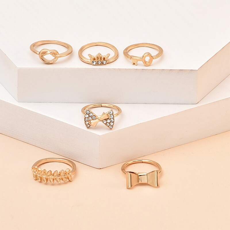 

6pcs Rhinestone Bow & Crown Ring, Gold