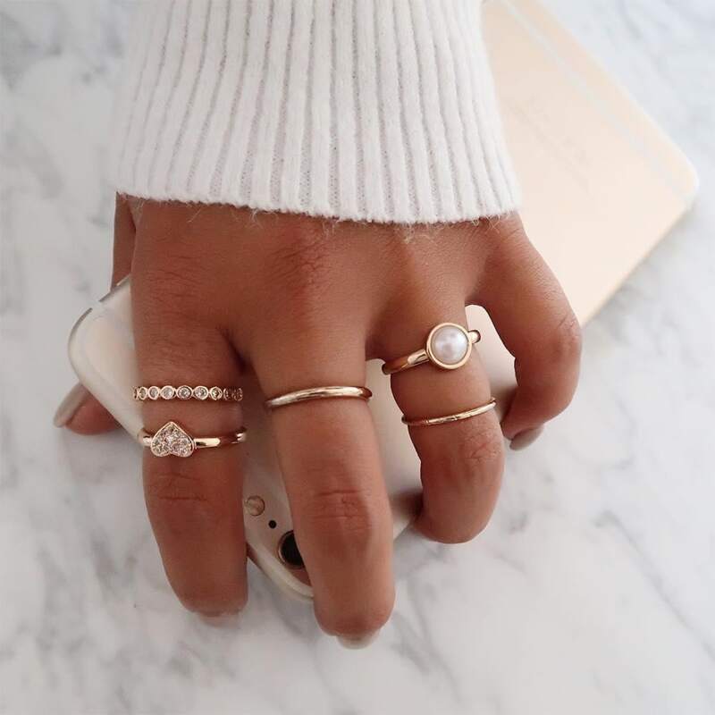 

5pcs Rhinestone Heart Ring, Gold
