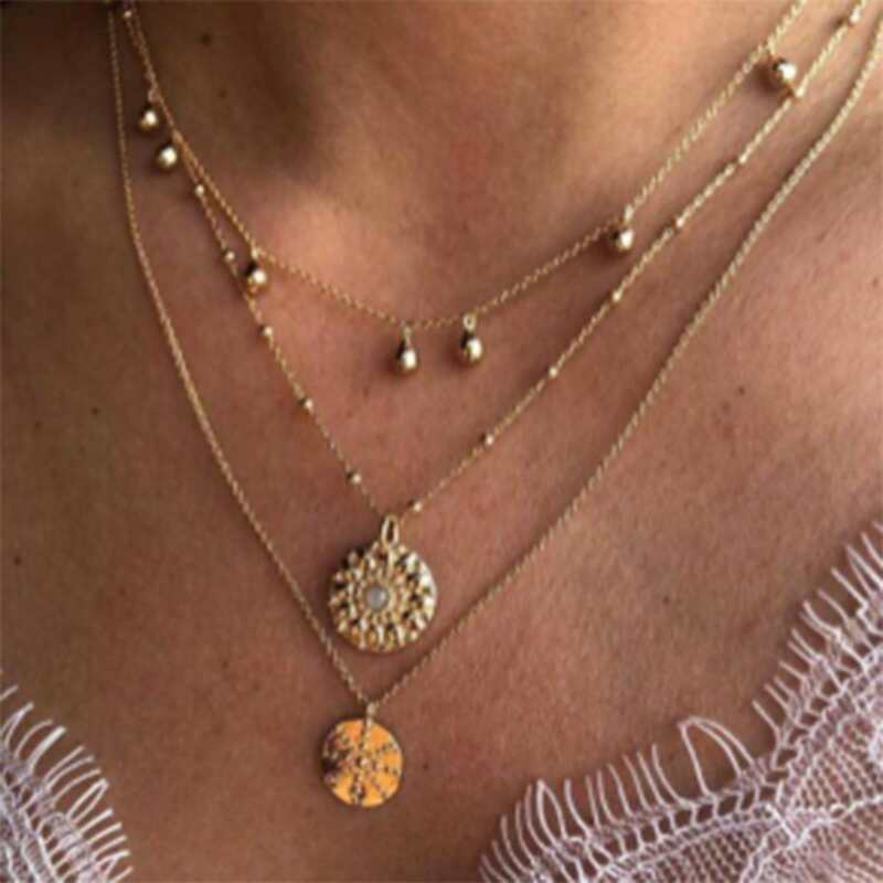 

Rhinestone Disc Design Layered Necklace, Gold