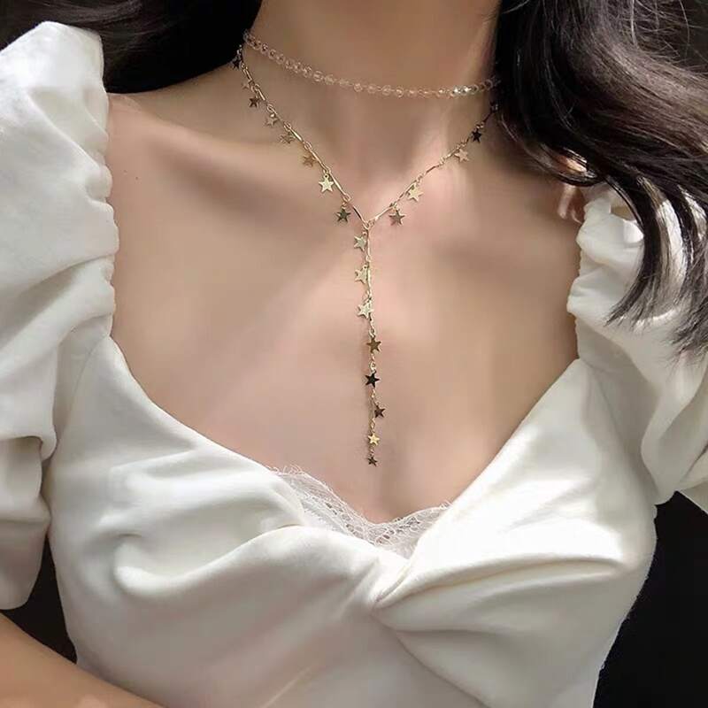 

Star & Crystal Design Y-lariat Necklace, Gold