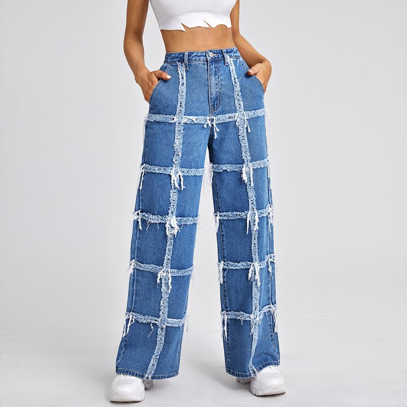 

High Waist Raw Trim Wide Leg Jeans, Medium wash