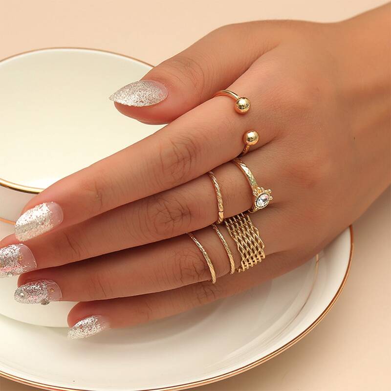 

5pcs Rhinestone Decor Ring, Gold