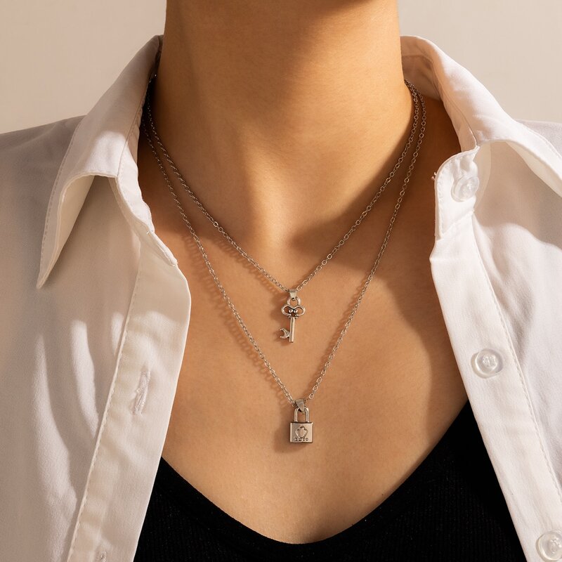 

Key & Lock Decor Layered Necklace, Silver