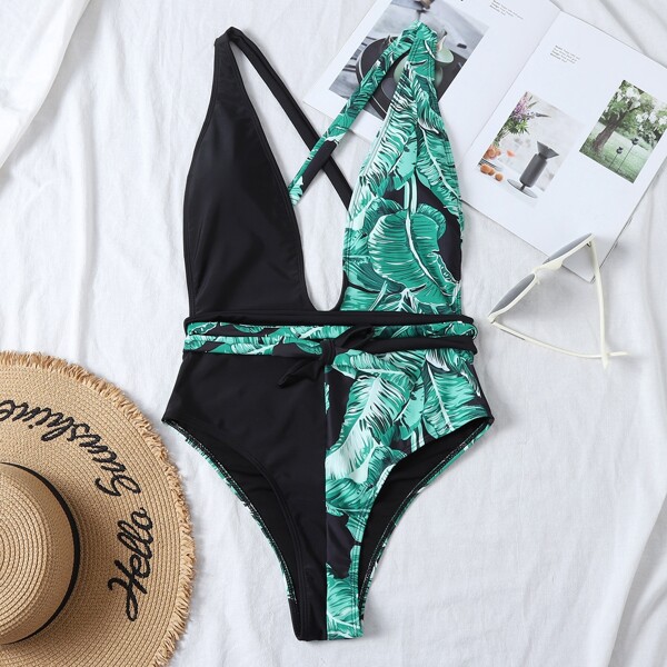 

Contrast Tropical Plunging One Piece Swimsuit, Multicolor
