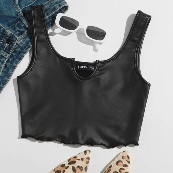 

Plus Lettuce Trim Leather Look Crop Tank Top, Black