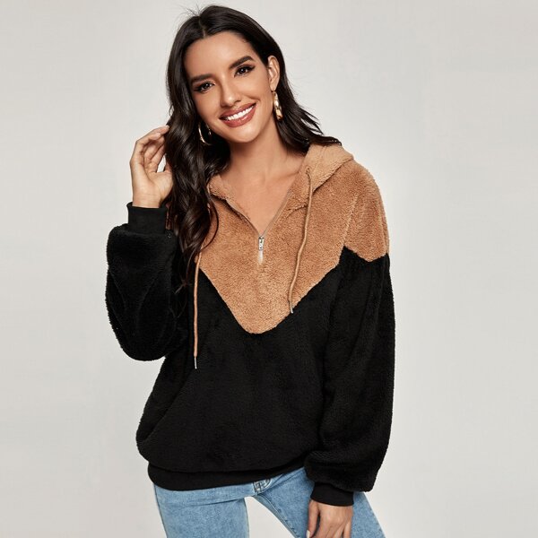 

Zip Up Two Tone Drawstring Teddy Hoodie, Multicolor