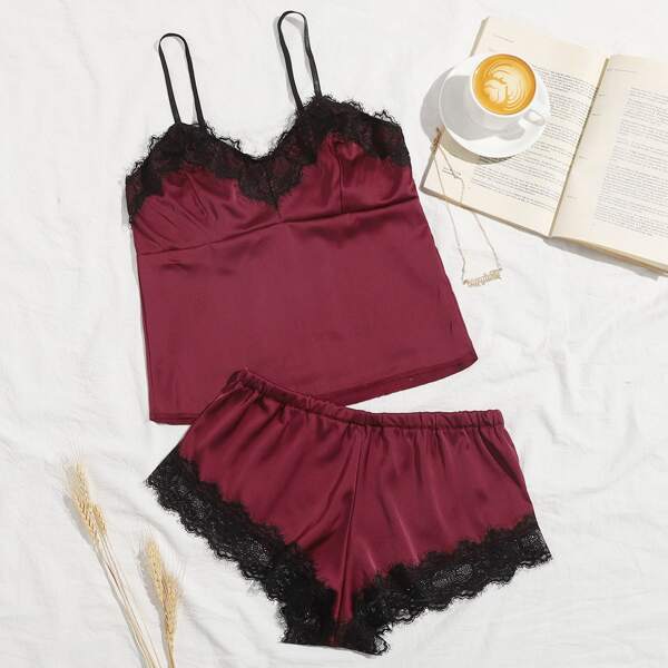 

Satin Lace Trim Lingerie Set, Burgundy