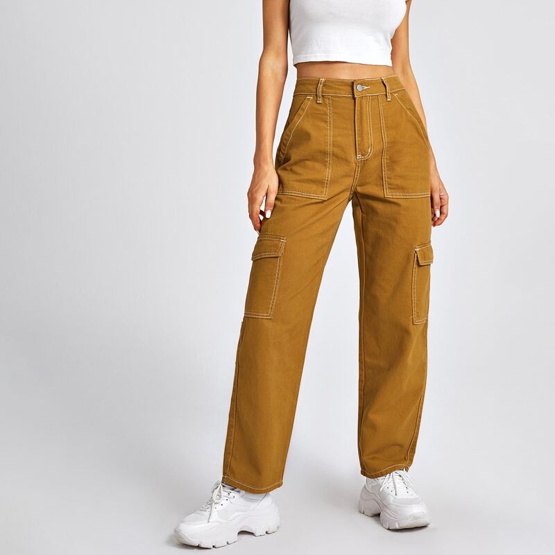 

High Waist Flap Pocket Whip Stitch Cargo Jeans, Mustard yellow