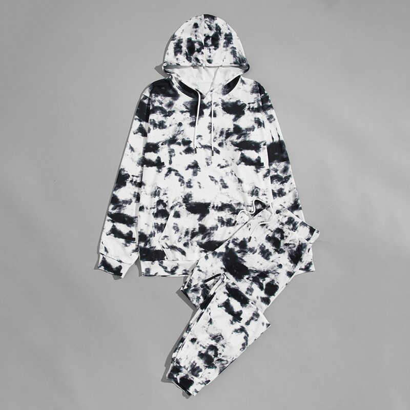 

Guys Tie Dye Drawstring Hoodie With Joggers, Black and white