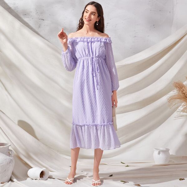 

Swiss Dot Bardot Belted Ruffle Hem Dress, Lilac purple
