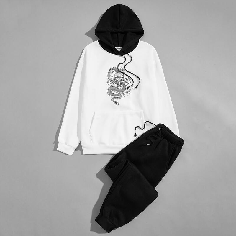 

Guys Chinese Dragon Graphic Hoodie With Joggers, Black and white