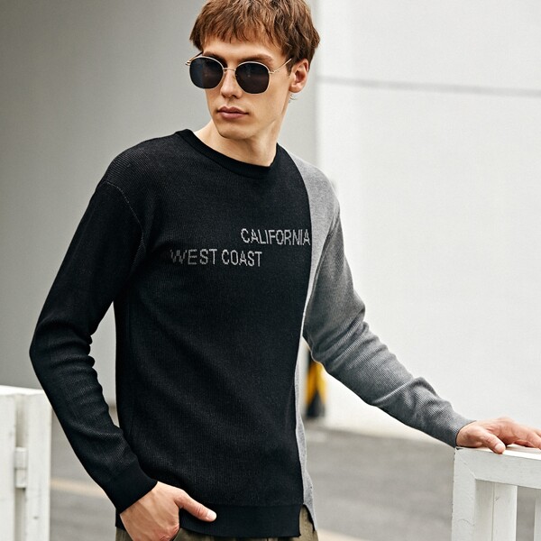 

Men Letter Graphic Color Block Sweater, Black