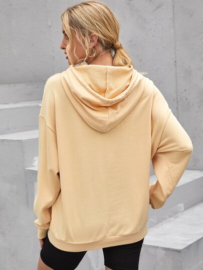 Drop Shoulder Slogan Graphic Drawstring Hoodie