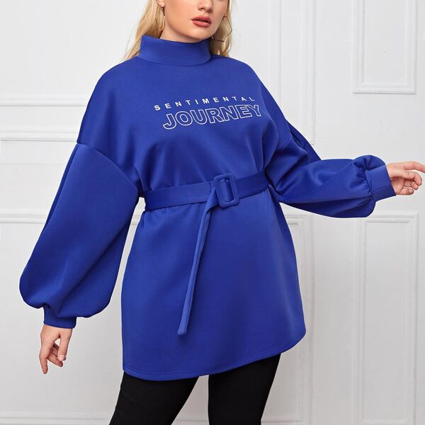 

Plus Letter Graphic Mock Neck Drop Shoulder Belted Pullover, Royal blue