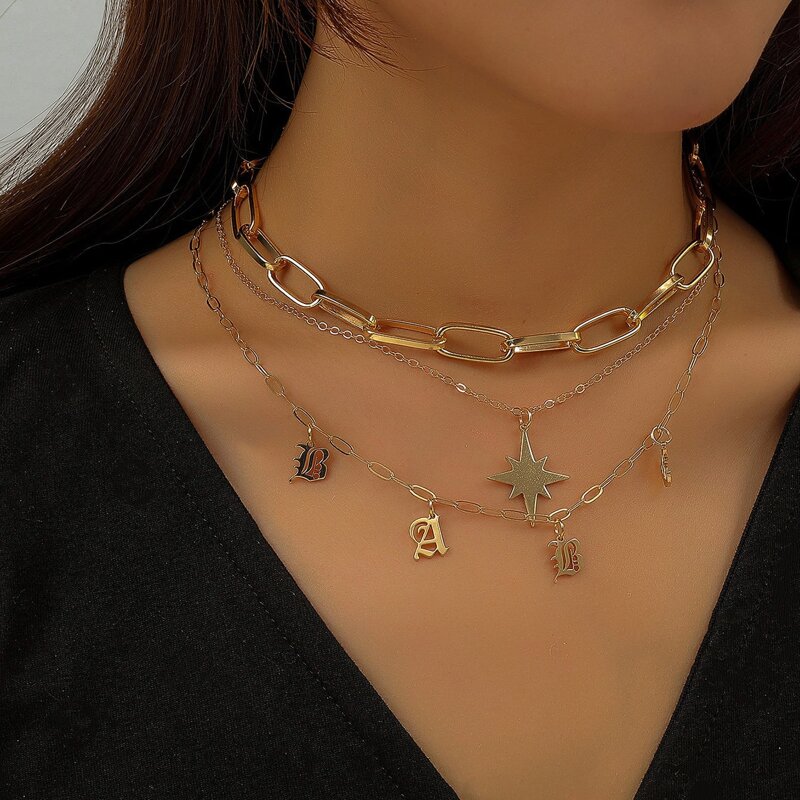 

Letter & Star Decor Layered Necklace, Gold