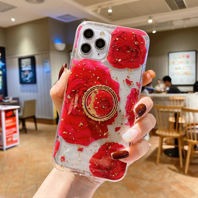 

Rose Print iPhone Case With Phone Ring Holder, Red