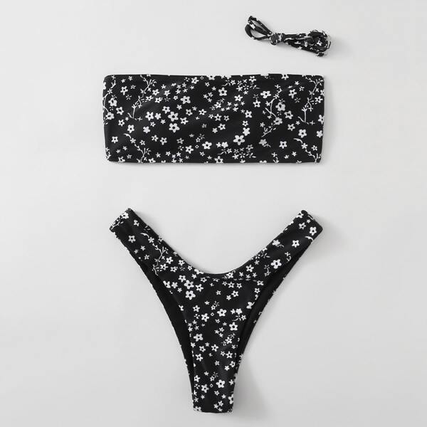

Ditsy Floral Bandeau High Cut Bikini Swimsuit, Black