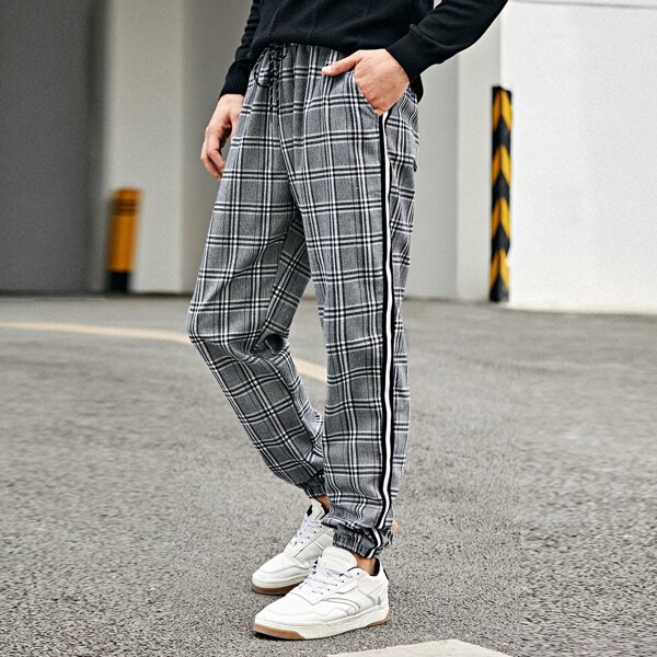 

Men Plaid Striped Drawstring Waist Pants, Grey