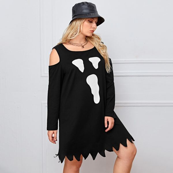 

Plus Cold Shoulder Chevron Hem Halloween Print Dress, Black