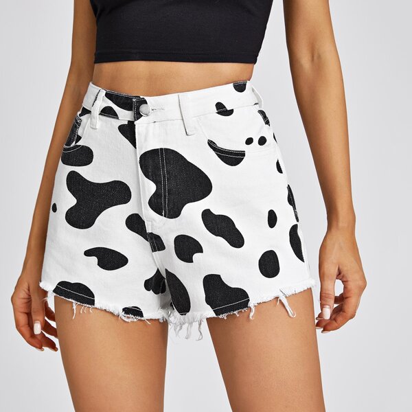 

High Waist Cow Print Raw Hem Denim Shorts, Black and white