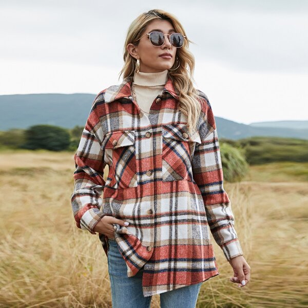 

Drop Shoulder Flap Pocket Plaid Coat, Multicolor
