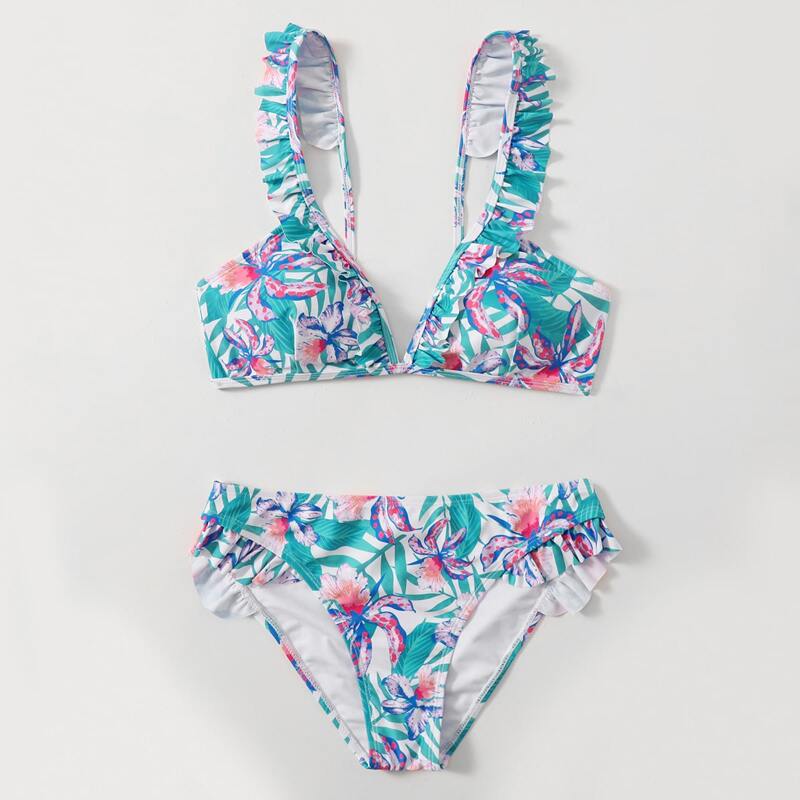 

Floral Frill Trim Bikini Swimsuit, Multicolor