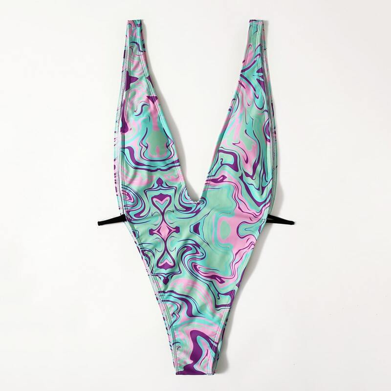 

Graphic Plunging High Leg One Piece Swimsuit, Multicolor