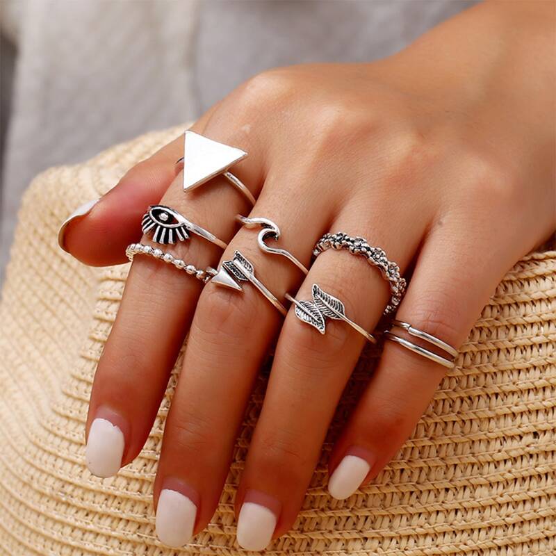 

9pcs Triangle & Leaf Decor Ring, Silver