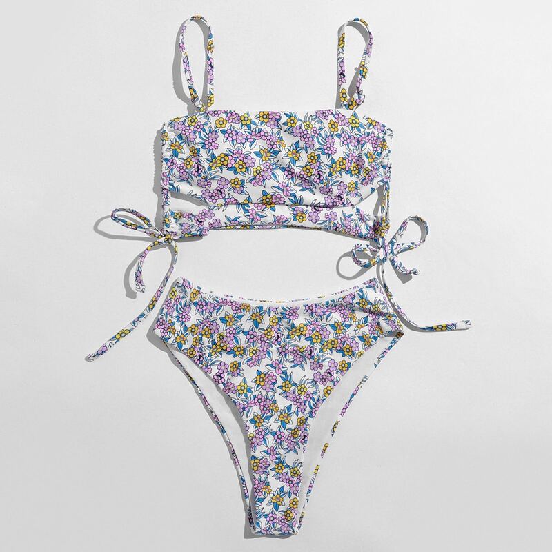 

Ditsy Floral Drawstring High Waist Bikini Swimsuit, Multicolor