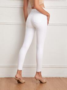 SHEIN Essnce High Waist Ripped Raw Hem Skinny Cropped Jeans - White - View 2